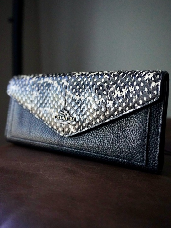 Coach Handbags - Coach Black Pebbled Leather Wallet with Black & White Snakeskin-Effect Flap